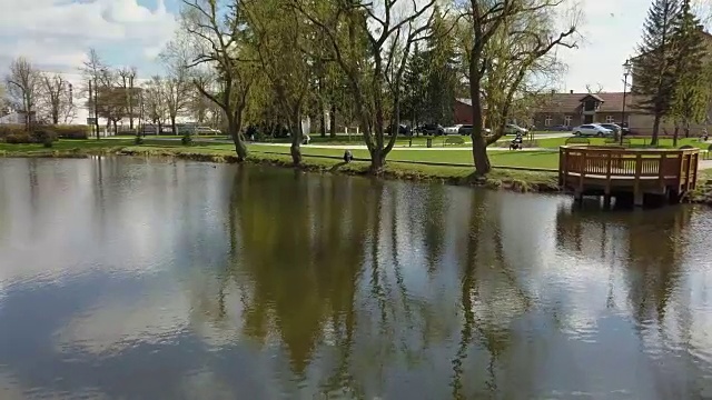 城市公园池塘上的猫步天线视频素材