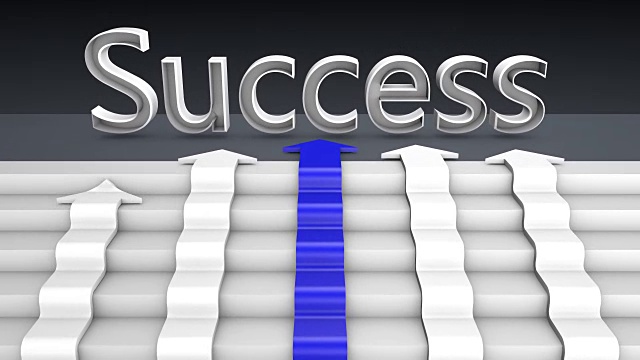 蓝色和白色箭头赛车到顶部与成功的文本，3D渲染视频下载