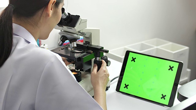 科学家研究和看与绿色屏幕的数字平板电脑视频下载