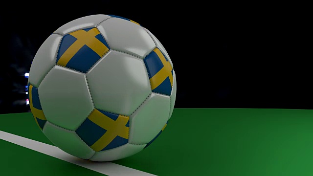 瑞典国旗足球在敬礼下越过球门线，3D渲染视频下载