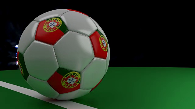 足球与葡萄牙国旗越过球门线下的敬礼，3D渲染视频下载