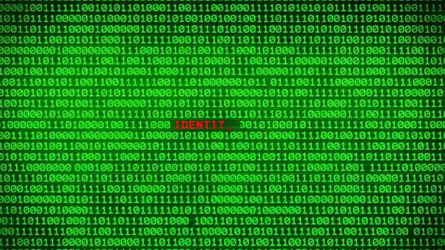 随机二进制数据矩阵背景下绿色二进制码墙上的身份盗窃词揭示视频下载