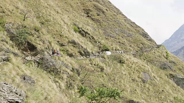 很多背包客走在尼泊尔山区的小路上。Manaslu电路长途跋涉。视频下载