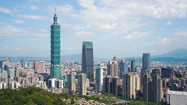 现代都市的摩天大楼，在蓝天下俯瞰台湾台北视频下载