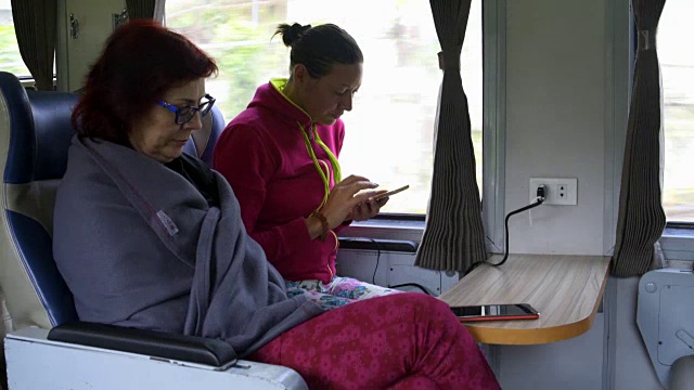 女性在火车上使用智能手机视频下载