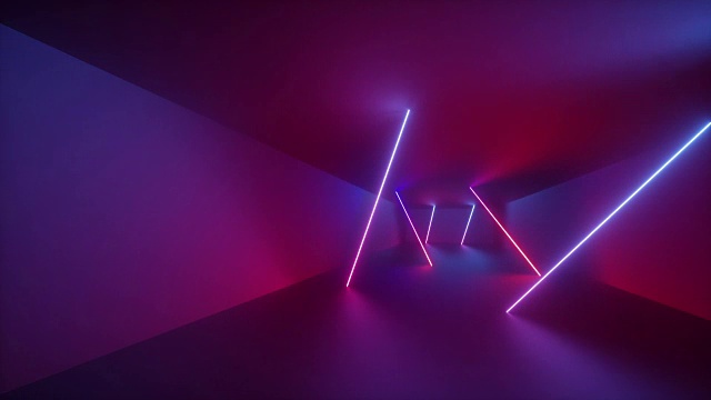 3d渲染，抽象的背景，荧光紫外线，发光的霓虹灯线在隧道内旋转，蓝色，红色，粉红色，紫色光谱，矩形框架旋转，循环动画视频下载