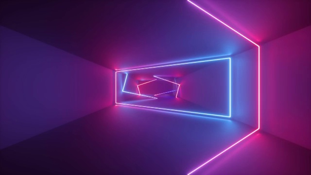 3d渲染，抽象的几何背景，荧光紫外线，发光的霓虹线在隧道内旋转，蓝色，红色，粉红色，紫色光谱，形状旋转，循环动画视频素材