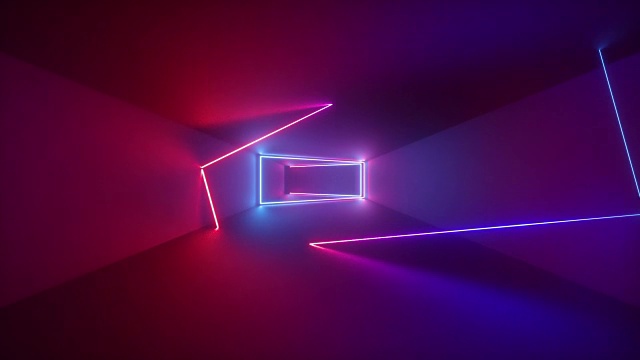 3d渲染，抽象的几何背景，荧光紫外线，发光的霓虹线在隧道内旋转，蓝、红、粉、紫光谱，矩形框架，循环动画视频素材