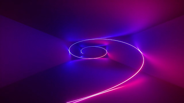3d渲染，抽象背景，荧光紫外光，荧光霓虹螺旋线旋转隧道内，蓝红粉紫光谱，螺旋旋转，现代彩色照明视频素材