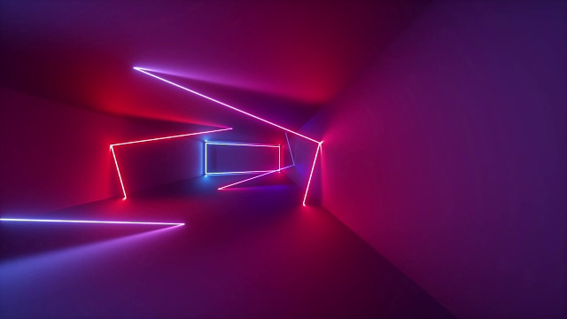 3d渲染，抽象的几何背景，荧光紫外线，发光的霓虹线在隧道内旋转，蓝红粉紫光谱，旋转，现代彩色照明视频素材