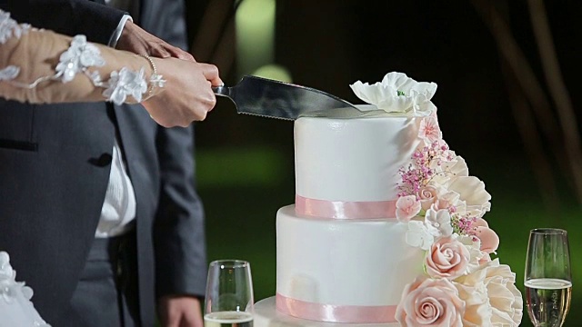 一个新娘和新郎切他们的婚礼蛋糕的特写。视频素材