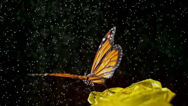 蝴蝶飞离黄色的玫瑰当雨开始落下视频素材