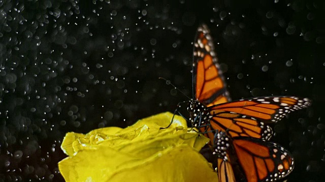 SLO MO蝴蝶在黄玫瑰起飞时，开始下雨视频素材