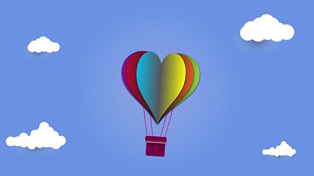 爱的插画，粉红色的心形热气球在蓝色的天空中飞翔，纸的艺术风格视频素材