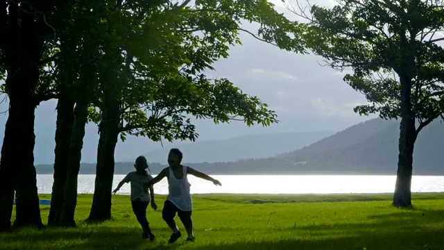 两个亚洲男孩一起跑玩，玩得很开心。在大自然中。树和太阳。视频素材