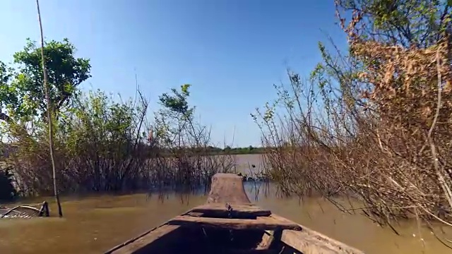 在晴朗的天空下，从船头看湖面上的独木舟通过突现的植被(特写)视频下载