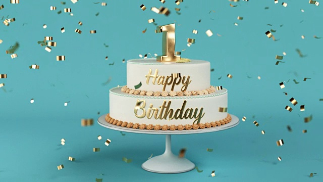 生日蛋糕，上面有金色的字母和数字1的动画视频下载