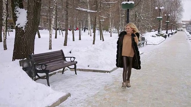 女孩在白雪覆盖的公园里散步。视频素材