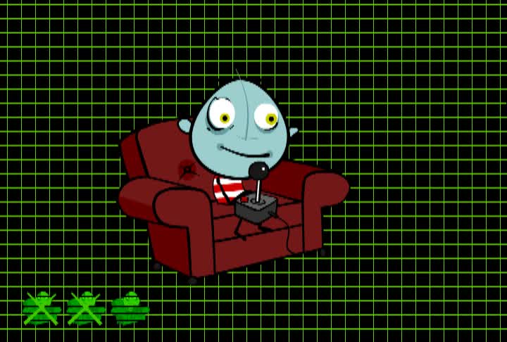 电脑游戏效果动画的一个人坐在扶手椅上握着操纵杆和被射击视频下载
