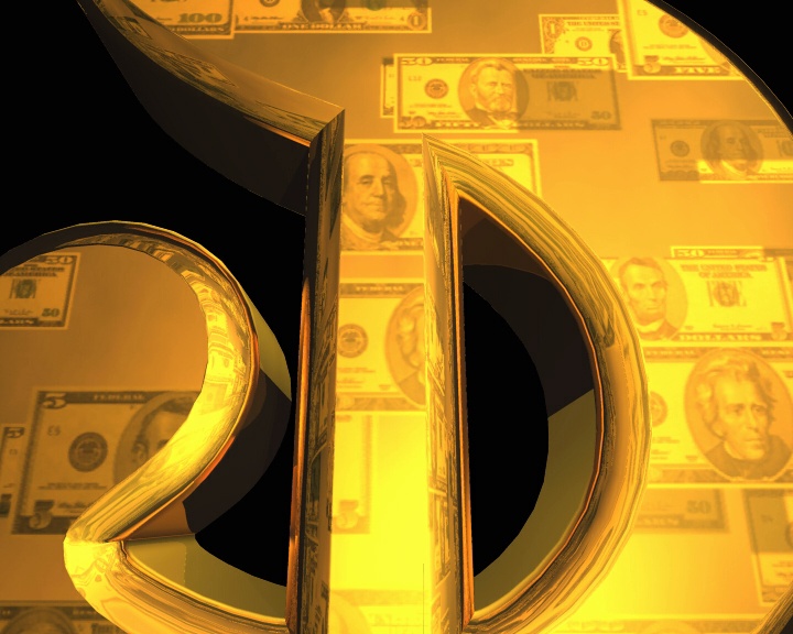 电脑动画图像，一个金元符号与飞行的现金反映在它的黑色背景视频下载