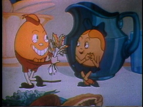 1935年蒙太奇Humpty Dumpty小蛋看到漂亮的女孩蛋，并羞涩地向她献上鲜花，她接受了视频素材