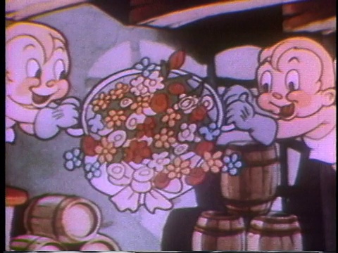 1935年蒙太奇丘比特在厨房式的房间里煮了一大桶爱情药水视频素材