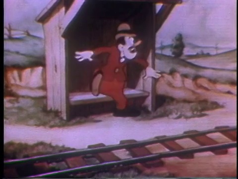 1935年蒙太奇脾气暴躁的卡通人物在电车车站等电车视频素材