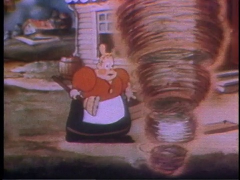 1935年，蒙太奇卡通母亲用扫帚对抗龙卷风，在过程中失去了裙子视频素材