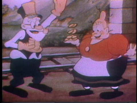 1935年，蒙太奇卡通电车售票员将装满金币的手递给他的妻子，一些放在他的裤子里，一些放在她的衬衫里，他们笑着庆祝视频素材