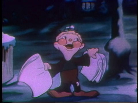 1935年，在大雪、寒冷、多风的街道上，一个红脸、抽着鼻子的报童大声喊着“报童，报童”，然后被吹进垃圾桶视频素材