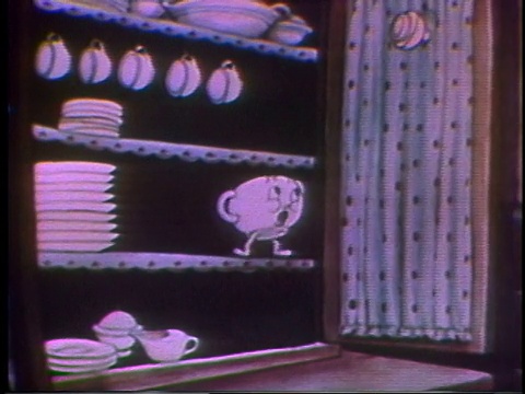 1935年，蒙太奇卡通流浪儿帮助清理厨房，把盘子堆在翻盖式垃圾桶上，然后翻到开放式餐具室上视频素材