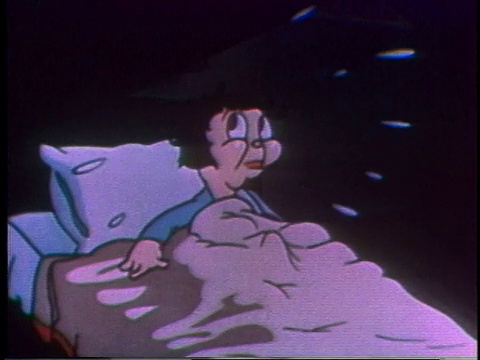 1935年蒙太奇卡通男孩躺在床上，窗外寒风呼啸，掀翻他的被褥视频下载