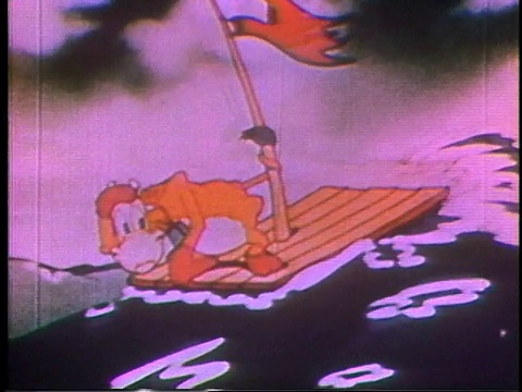 1935年，在波涛汹涌的海面上骑在木筏上的卡通母牛被甩了出去视频素材