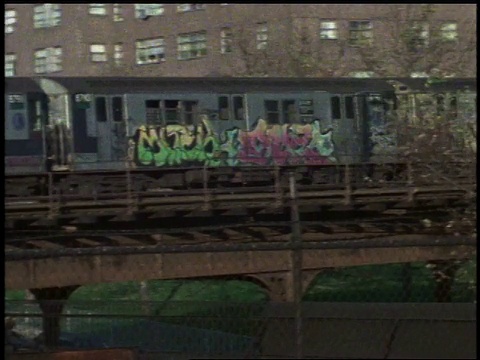 1982年WS在高架轨道上运行的涂鸦火车/布朗克斯，纽约市，美国视频下载
