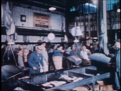 1962年，美国纽约，蒙太奇人在富尔顿鱼市工作和购物视频素材