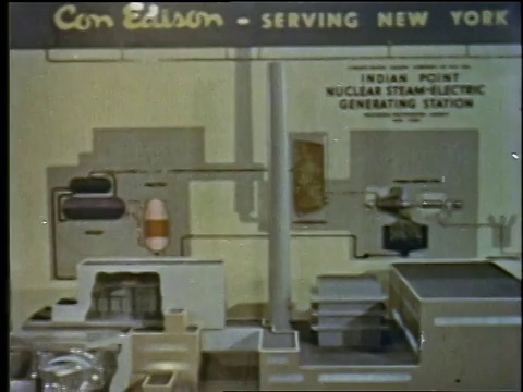 1957年，蒙太奇标牌上写着爱迪生联合-服务纽约，穿着西装的男人走过来观看展览/纽约，美国视频素材