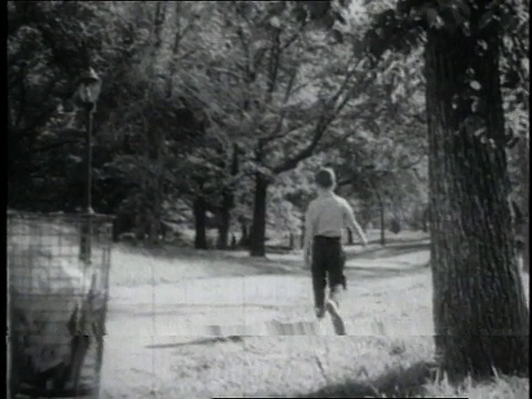 蒙太奇男孩走过公园，男孩唱着关于奥利奥的歌，吃着包里的奥利奥躺在一棵树上视频下载