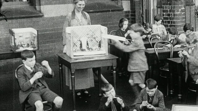 1925年，英国泰恩河畔的纽卡斯尔，蒙太奇小学的学生们在手工艺课上制作娃娃屋，学生们在他们完成的模型旁边摆姿势视频素材