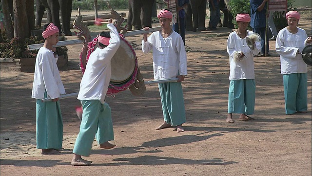 在泰国南邦大象保护中心的传统鼓手表演视频下载