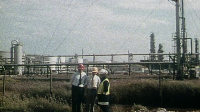 蒙太奇炼油厂经理戴安全帽向当地政府主管解释消防演习程序/ Coryton，英国，英国视频下载
