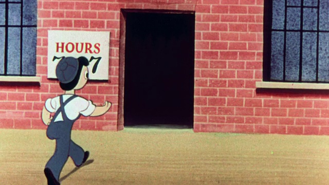 蒙太奇卡通以人物“查理”为特色，概述了英国工人和商人在两次世界大战后重建英国贸易的必要性视频下载