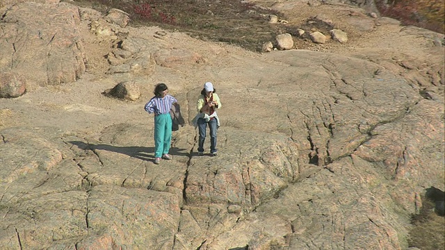 两名游客在崎岖的岩石旋钮上，周围是起伏的山丘和深秋的山谷/缅因州，美国视频下载