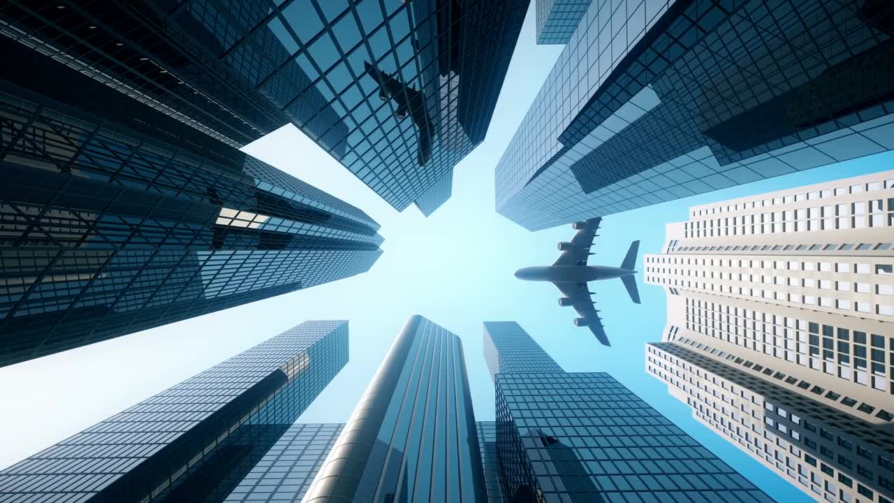 商务航班飞越商务区-蓝色视频下载