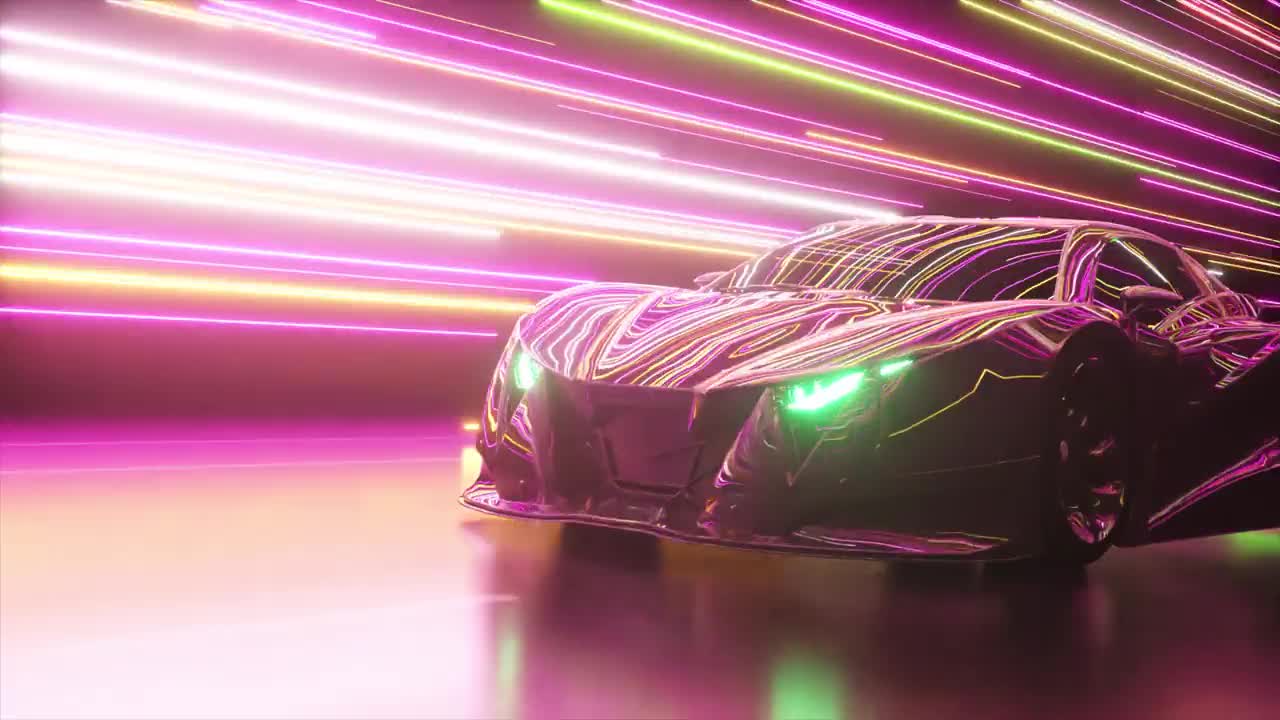 未来的概念。跑车在发光的霓虹灯线的背景上。绿色氖激光器。无缝循环的3d动画视频购买