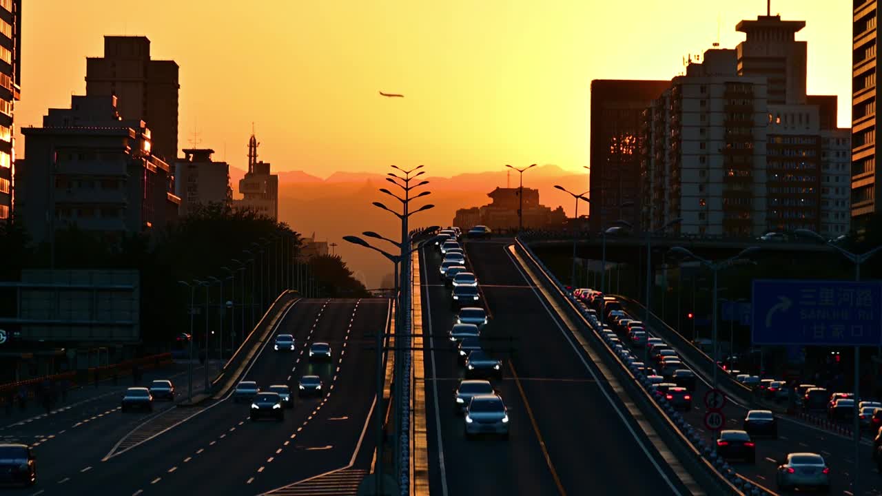 北京傍晚黄昏高架桥晚高峰车流飞机慢镜头视频下载