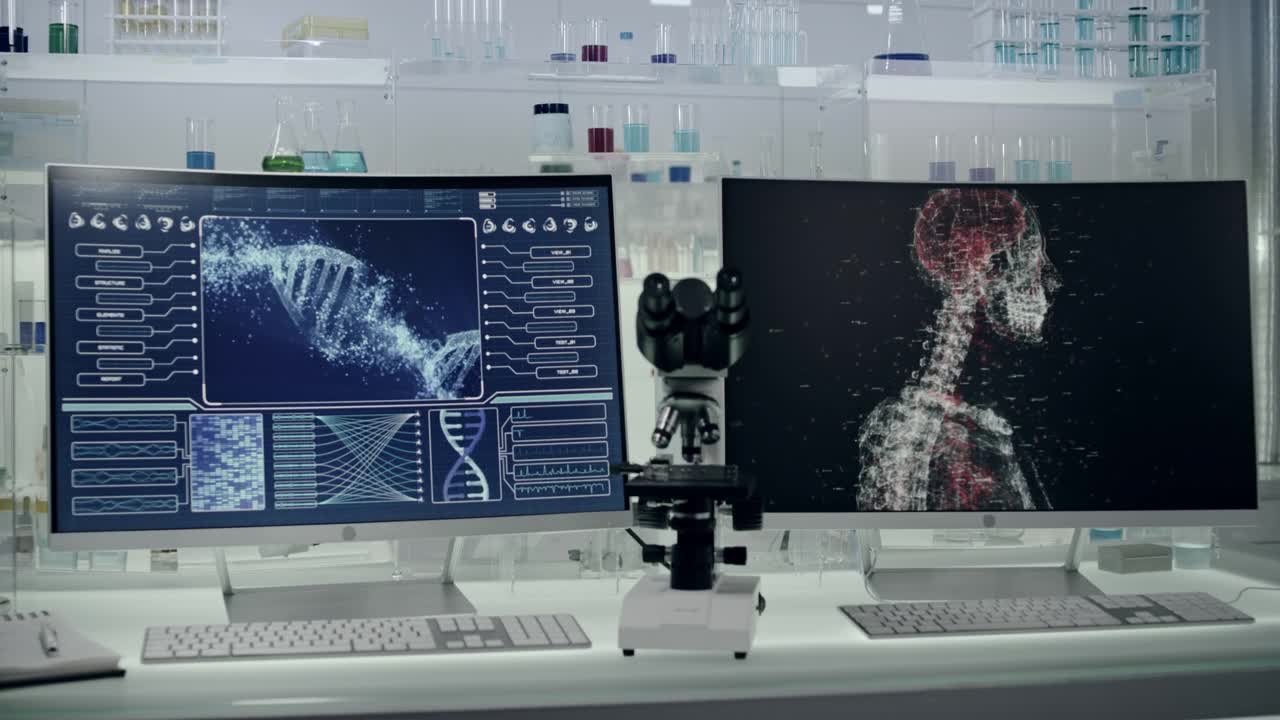 未来实验室。人类外骨骼计划和屏幕上的DNA螺旋视频下载